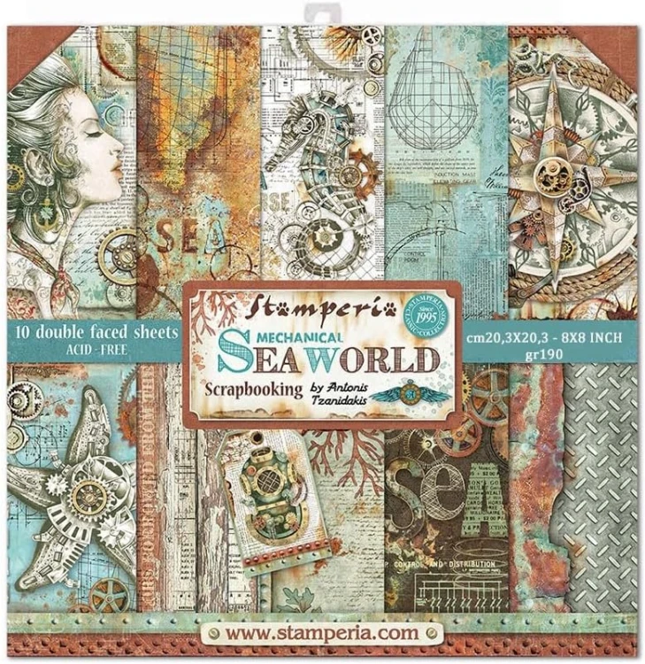 Zestaw papierów - Mechanical Sea World 8 x 8" 10szt Stamperia SBBS13.jpg